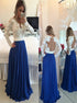A Line V Neck Blue Ivory Long Sleeves Appliques Chiffon Prom Dress LBQ3168
